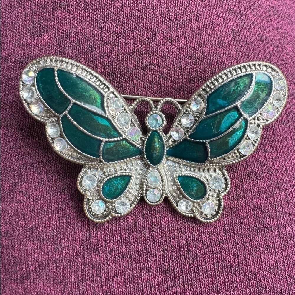 Vintage Butterfly enamel silvertone brooch pin turquoise rhinestones